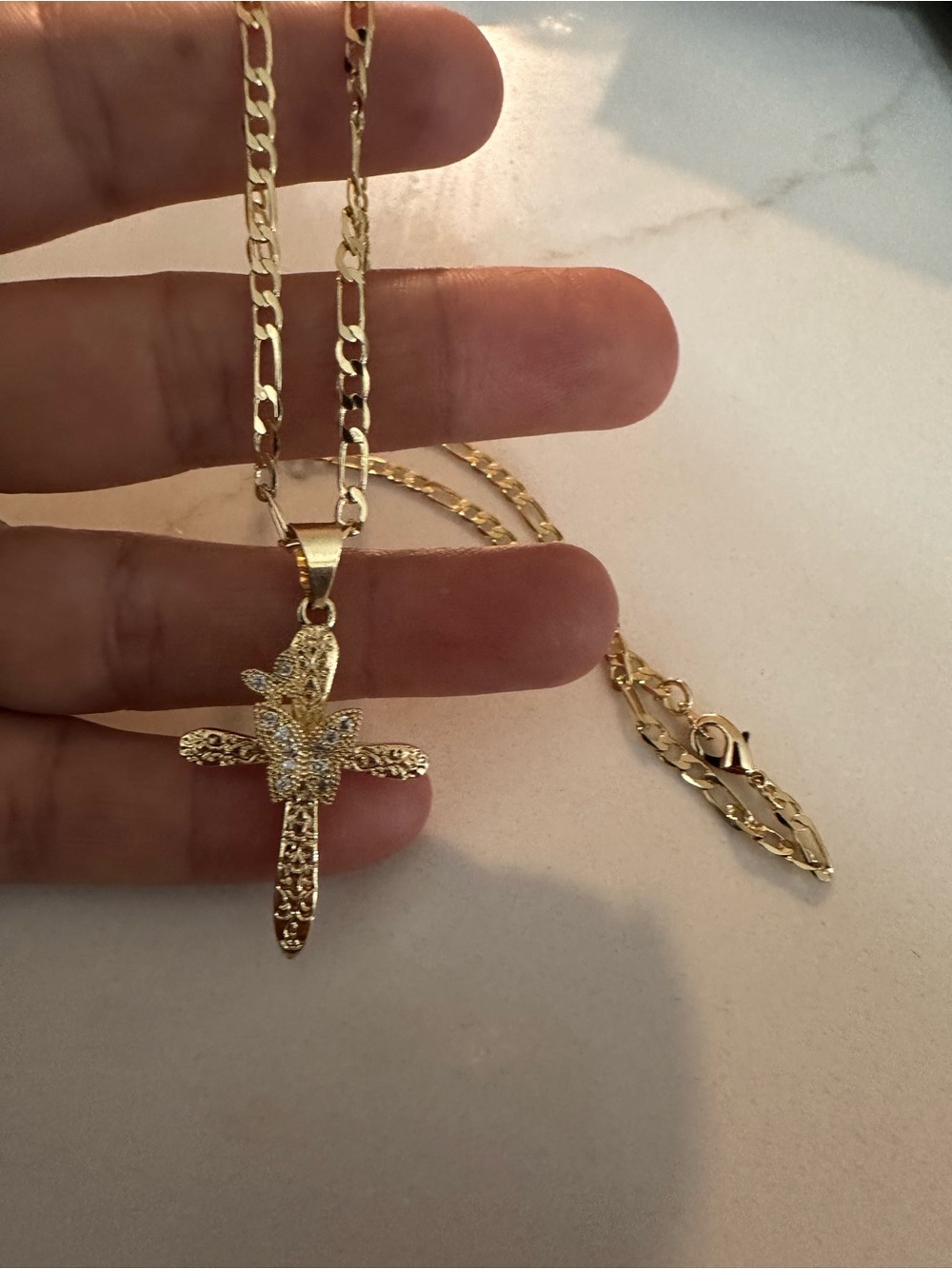 Gold filled Cross Necklace with Cubic Zirconia Floral Accent